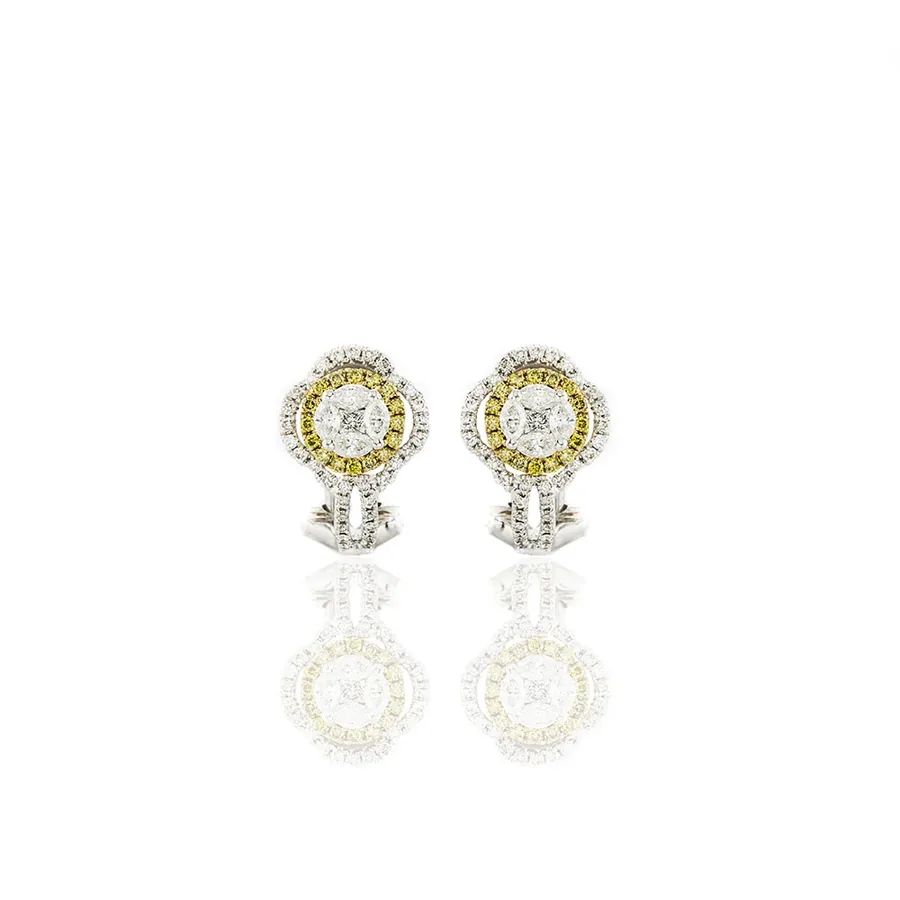 Yellow and white diamond halo studs